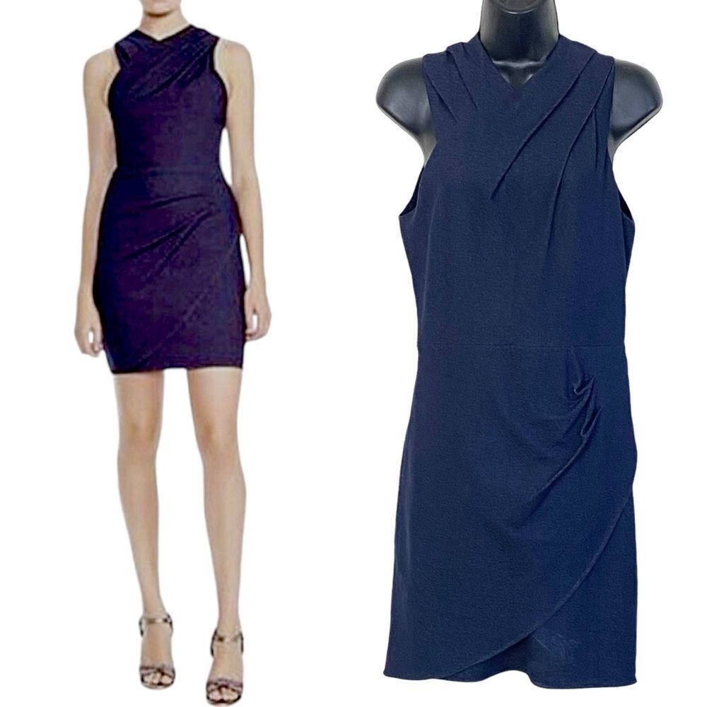 Halston Heritage Stretch Dark Denim Faux Wrap Sleeveless Bodycon Mini Dress Sz 4